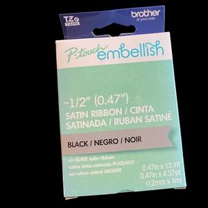Brother P-Touch Embellish Print Satin Ribbon, Black on Silver Satin Ribbon